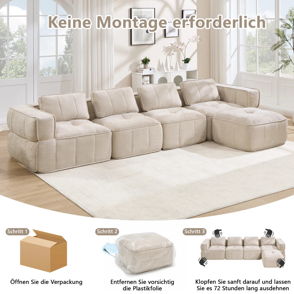 Divano modulare angolare 4 posti con pouf, base antiscivolo e braccioli larghi in poliestere beige per soggiorno