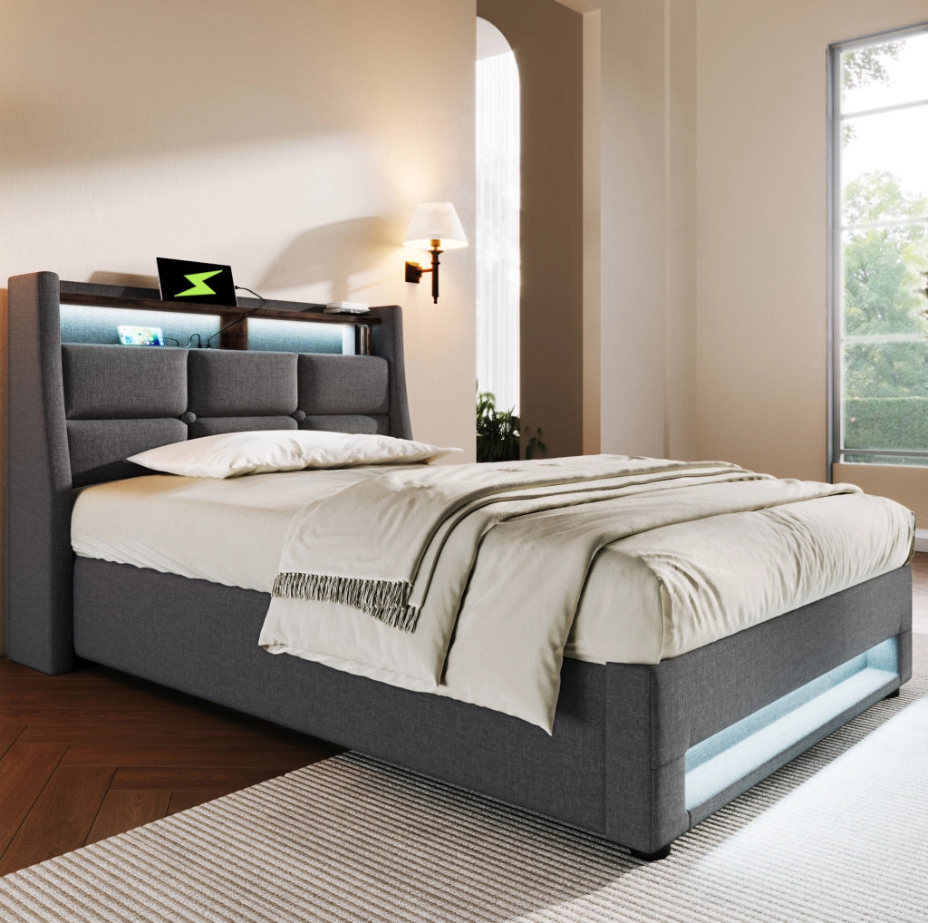 Letto imbottito contenitore 90x200 cm con USB e LED; grigio