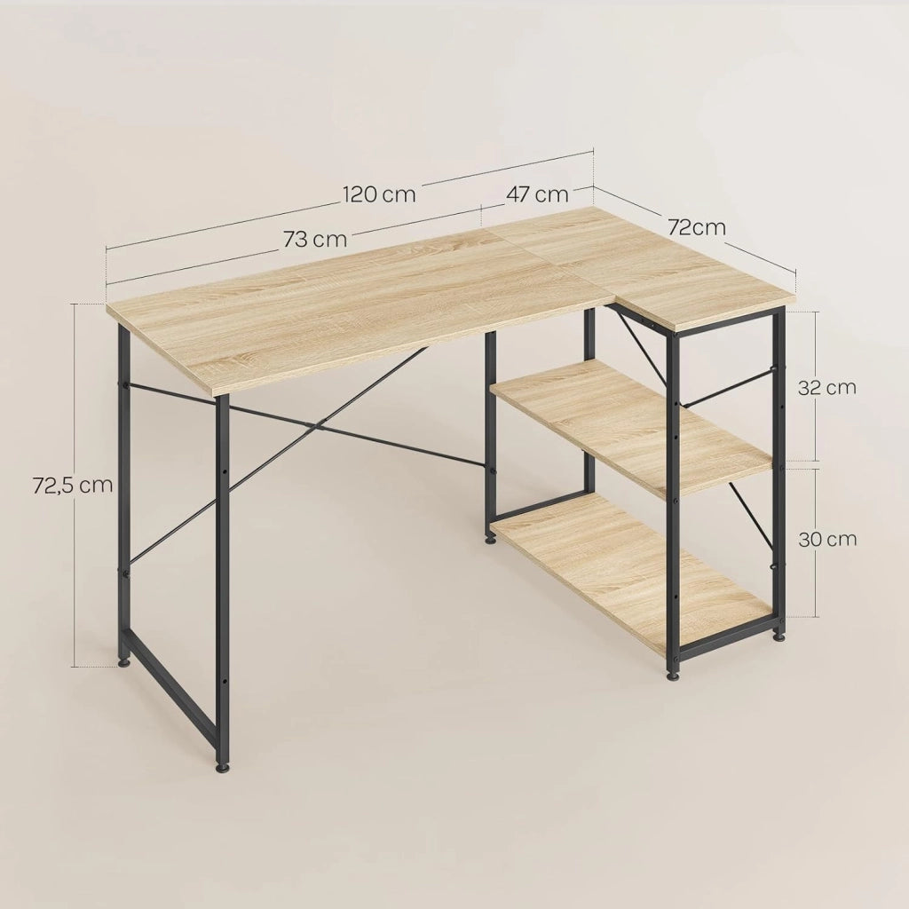 Scrivania Ufficio a L Compatta con Libreria Integrata - Design Salvaspazio per Studio/Camera, 120x73x72 cm, Rovere Naturale e Nero