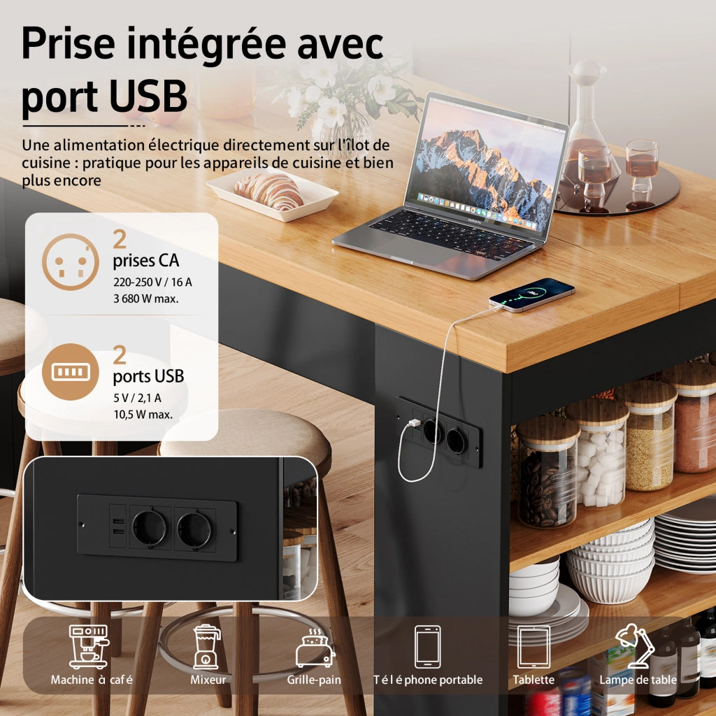 Isola da cucina con 3 vani aperti; LED; prese e porte USB per cucina e sala da pranzo; 155 × 80 × 90 cm