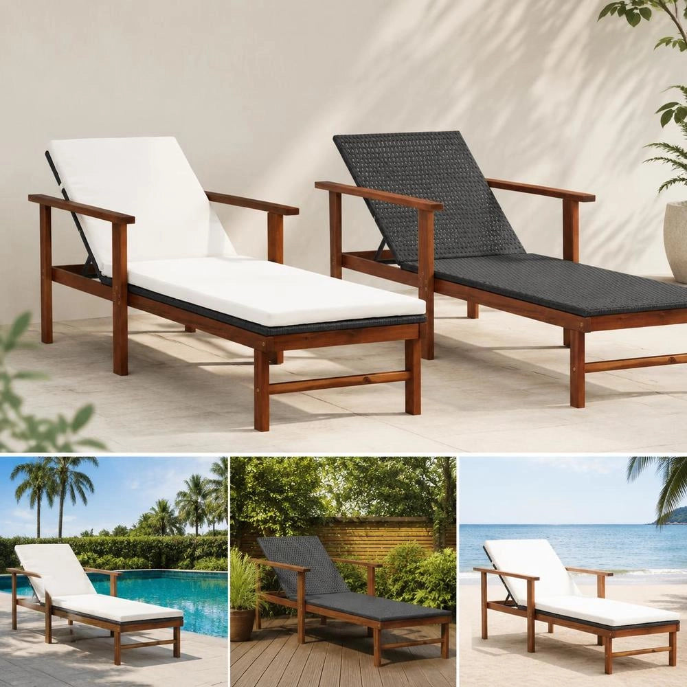 Sun Lounger With Cushion, Poly Rattan, Solid Acacia Wood, Black