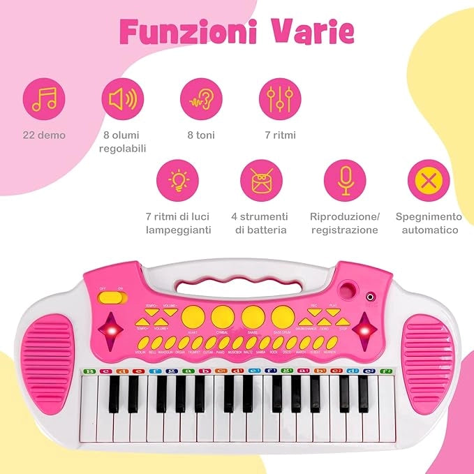 Pianoforte Digitale per Bambini 31 Tasti, Tastiera Elettronica Portatile, con Microfono e Luci, Funzionamento Registrazione e Playback, 3+ Anni, 45x23x45 cm (Rosa)