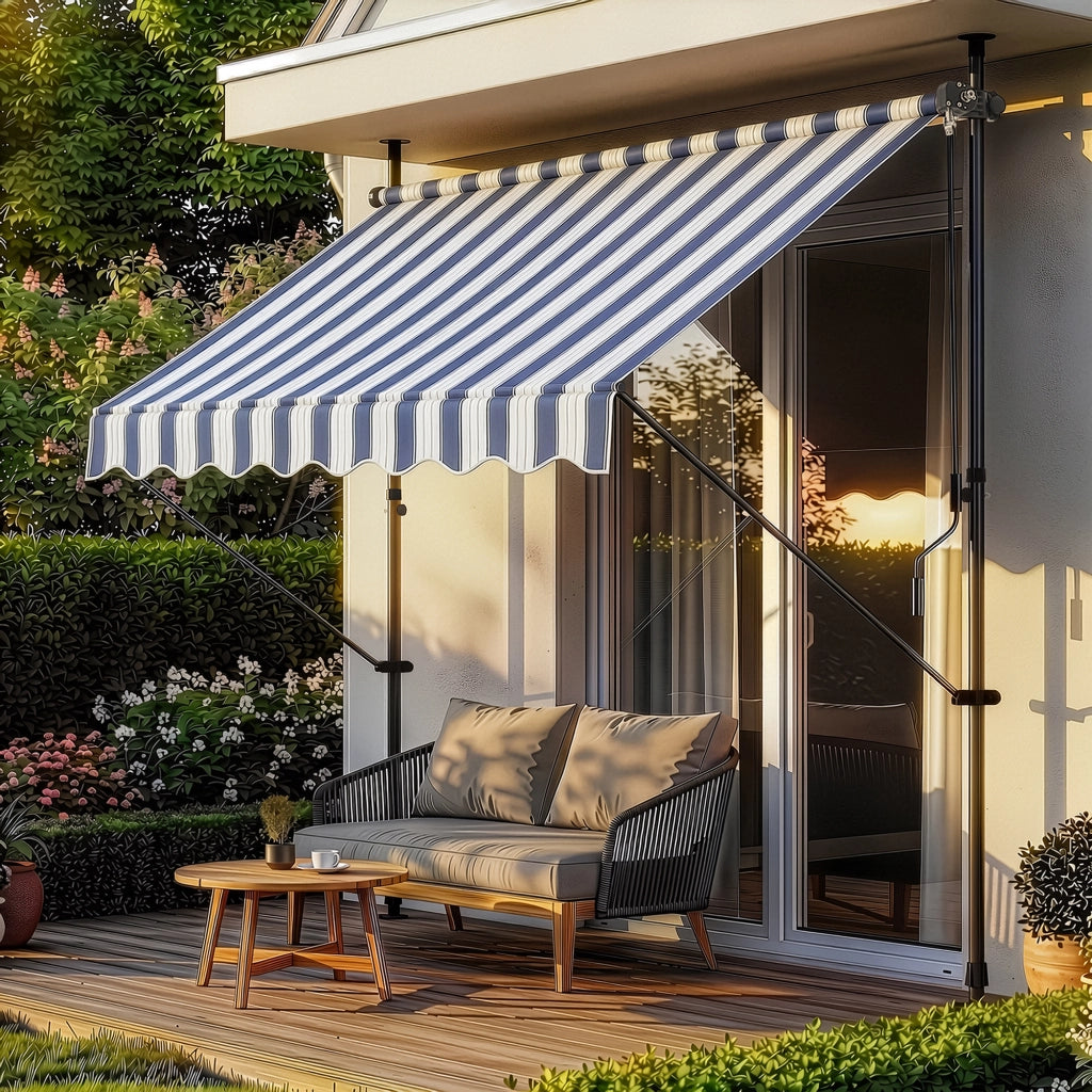 Tenda da Sole a Muro con Pali di Supporto Telescopici Parasole 200 x 120 cm (LxP) Blu Scuro/Bianco pro.tec