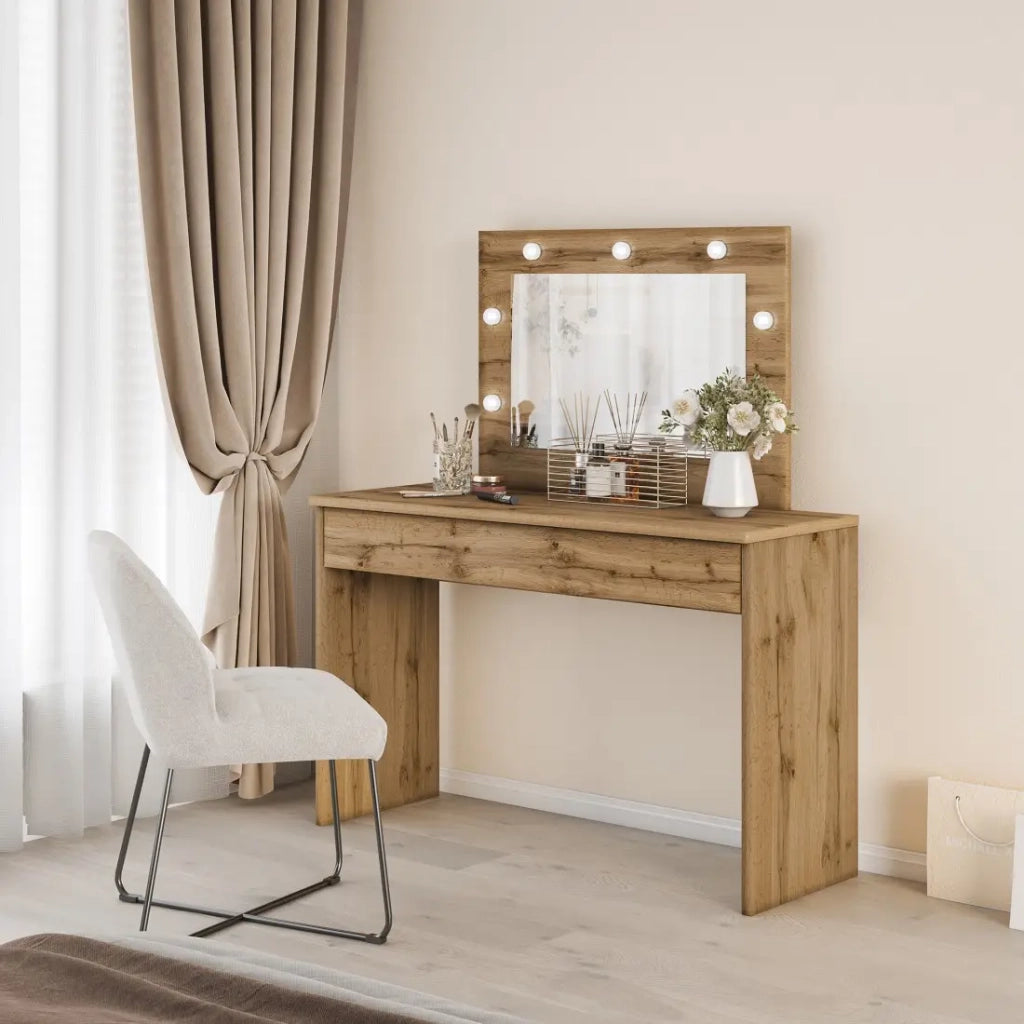 Toeletta DIVA in rovere – Con specchio, cassetto e LED – Eleganza naturale e funzionalità