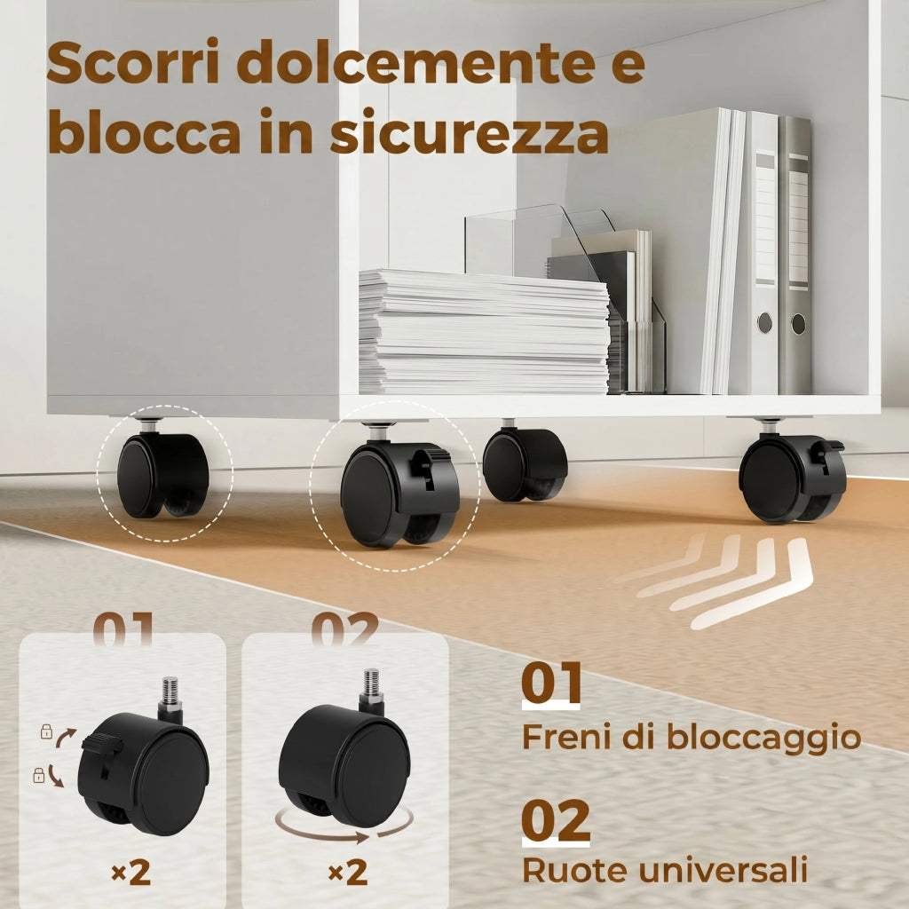 Mobile Porta Stampante in Legno con Ruote a Freno e 2 Scomparti Aperti. 40x35x55 cm. per Ufficio Studio. Bianco