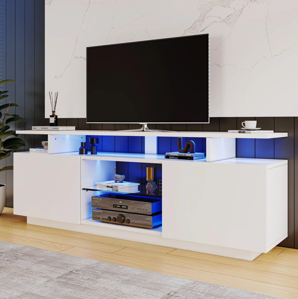 Mobile TV moderno 140 cm con LED controllabile da app; bianco lucido