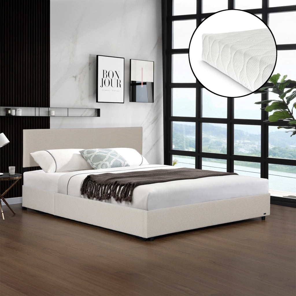 Letto Contenitore Juva Apertura a Ribalta Letto Matrimoniale con Materasso 160x200 cm Velluto a Coste Beige Corium