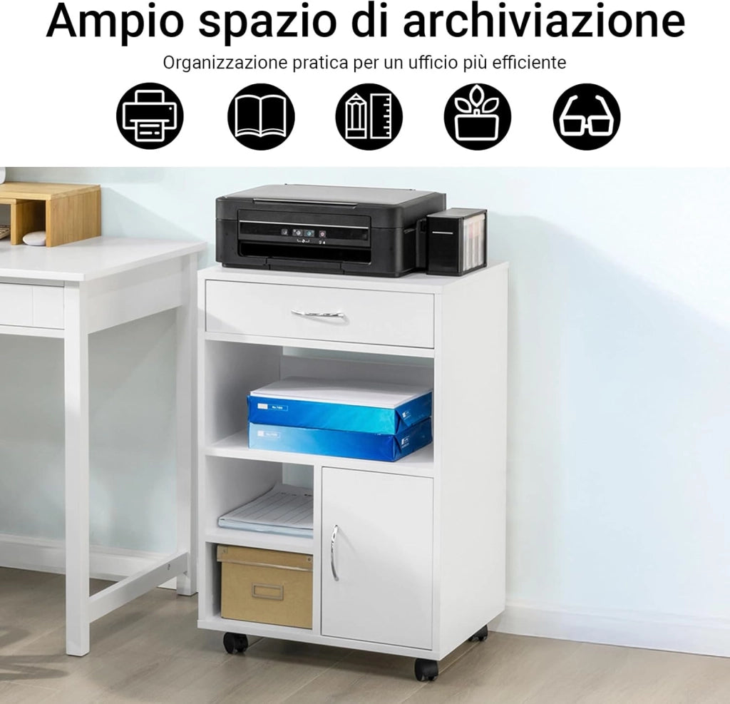Cassettiera Ufficio Cassettiera Scrivania con Ruote Porta Stampante Schedario da Ufficio con Cassetto, Anta e Ripiani Tavolino Salvaspazio Bianco 50x40x75cm FBT106-W