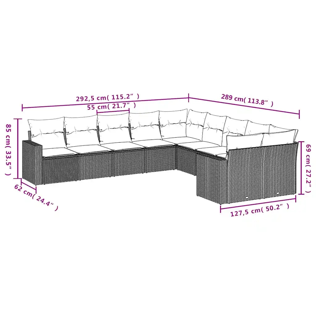 Set Divani da Giardino 10 pz con Cuscini Grigio in Polyrattan