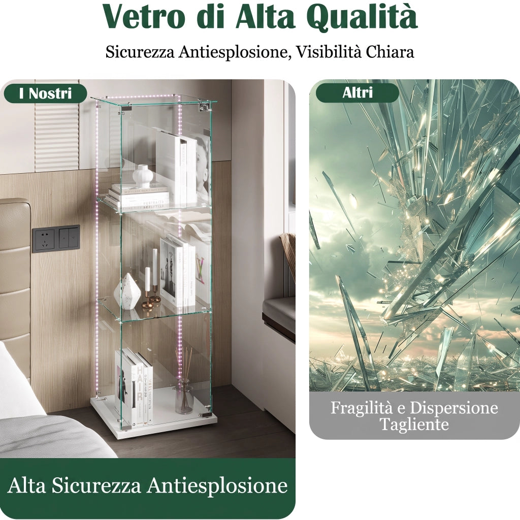 Vetrina espositiva in vetro temperato base bianca con luci LED RGB e serratura, 39,8x35x123,3cm, ripiani regolabili per collezioni e modellini