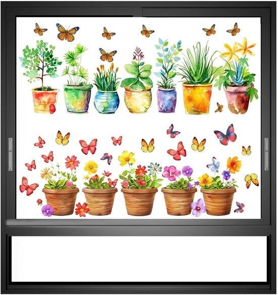 Stickers per finestra da giardino Fiori e Vasi Rosa - Decorazione estiva Doppio lato - Protezione contro gli urti