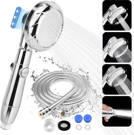 Douchekop ad alta pressione 2M con tubo - 3 tipi di getto acqua risparmiante - Chiave di arresto regolabile - In acciaio inossidabile anti-calcare cromato-argento.