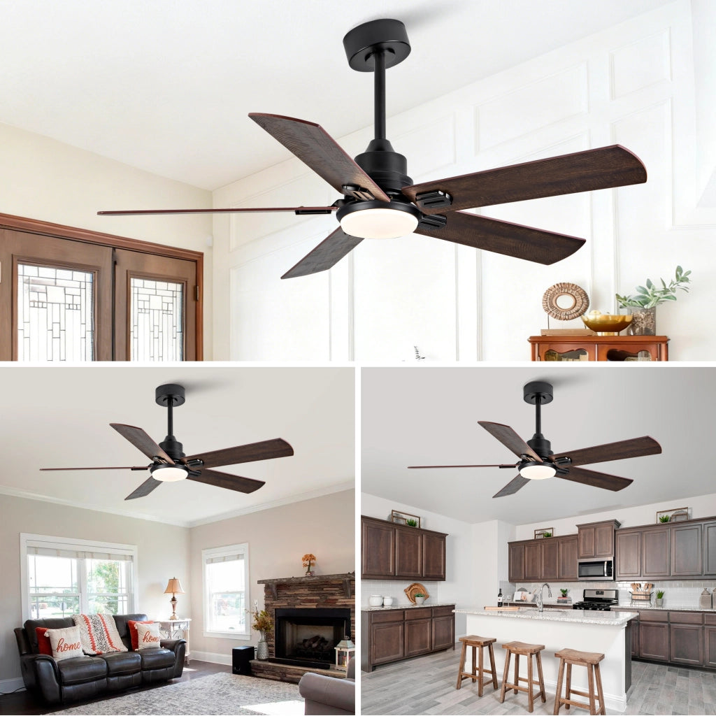 Ventilatore da soffitto nero con luce e telecomando 6 velocità motore DC reversibile 52 pollici metallo e legno