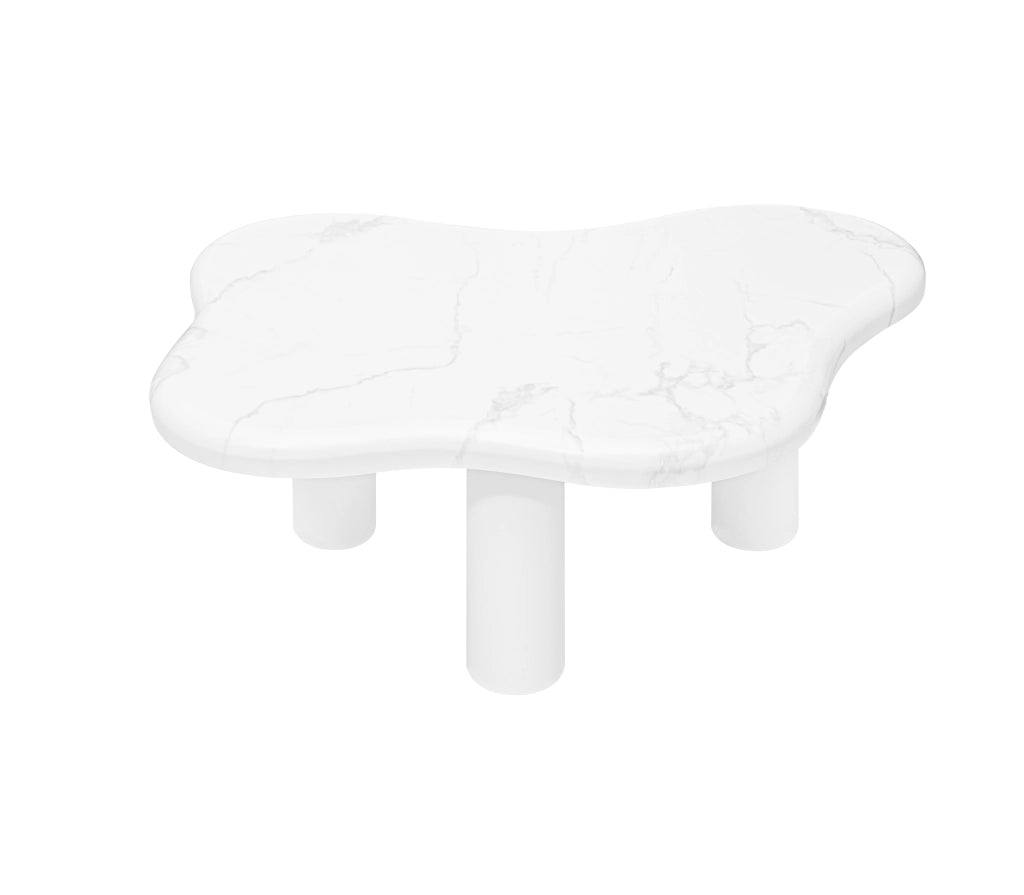 Tavolino da caffè a nuvola con bordi arrotondati e 3 gambe; effetto marmo; per soggiorno; in truciolare; bianco; 102.5 × 72.7 × 19.5 cm