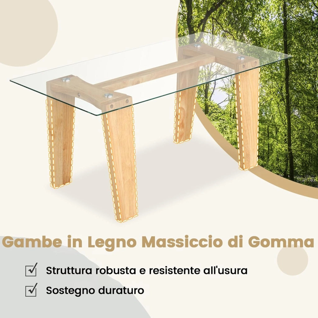 Tavolino da Caffè per Salotto, Tavolino Rettangolare in Vetro Temperato e Legno Massicio di Gomma, Tavolino da Divano Moderno per Soggiorno, 100 x 50 x 41 cm, Naturale