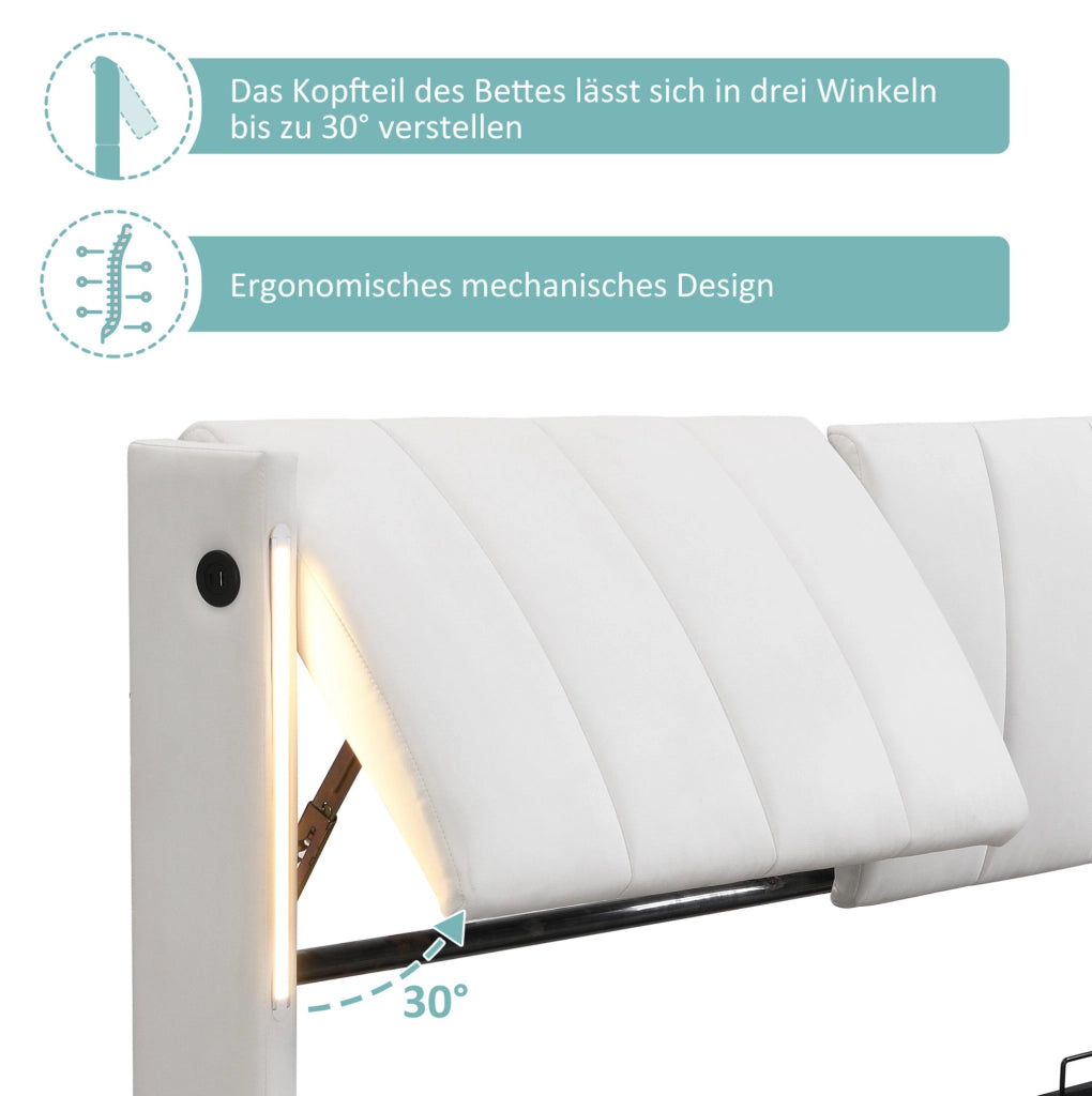 Letto imbottito LED 180x200 cm con vano contenitore bianco
