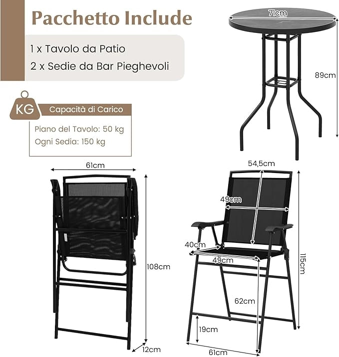 Set Tavolino e Sedie da Giardino, Set da Bistro con Sedie Pieghevoli, Tavolino con Foro per Ombrellone e Poggiapiedi, Tavolino da Bar per Patio, Tavolino Portata 50 kg, Sedia Portata 150 kg