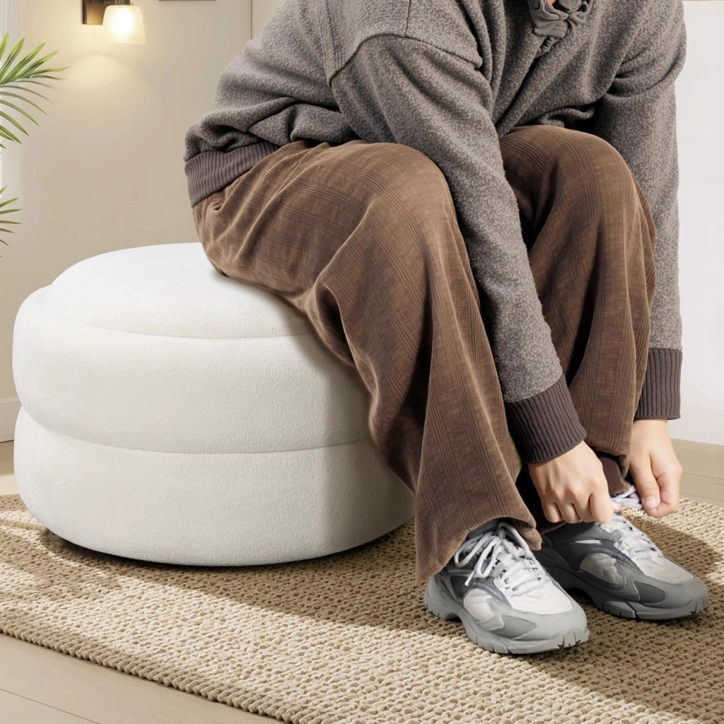 Set di 2 Pouf Contenitore 3-in-1, Pouf Poggiapiedi Rotondi Impilabili con Coperchio Removibile, in Velluto a Nuvola, per Camera da Letto, Soggiorno, Corridoio, Bianco