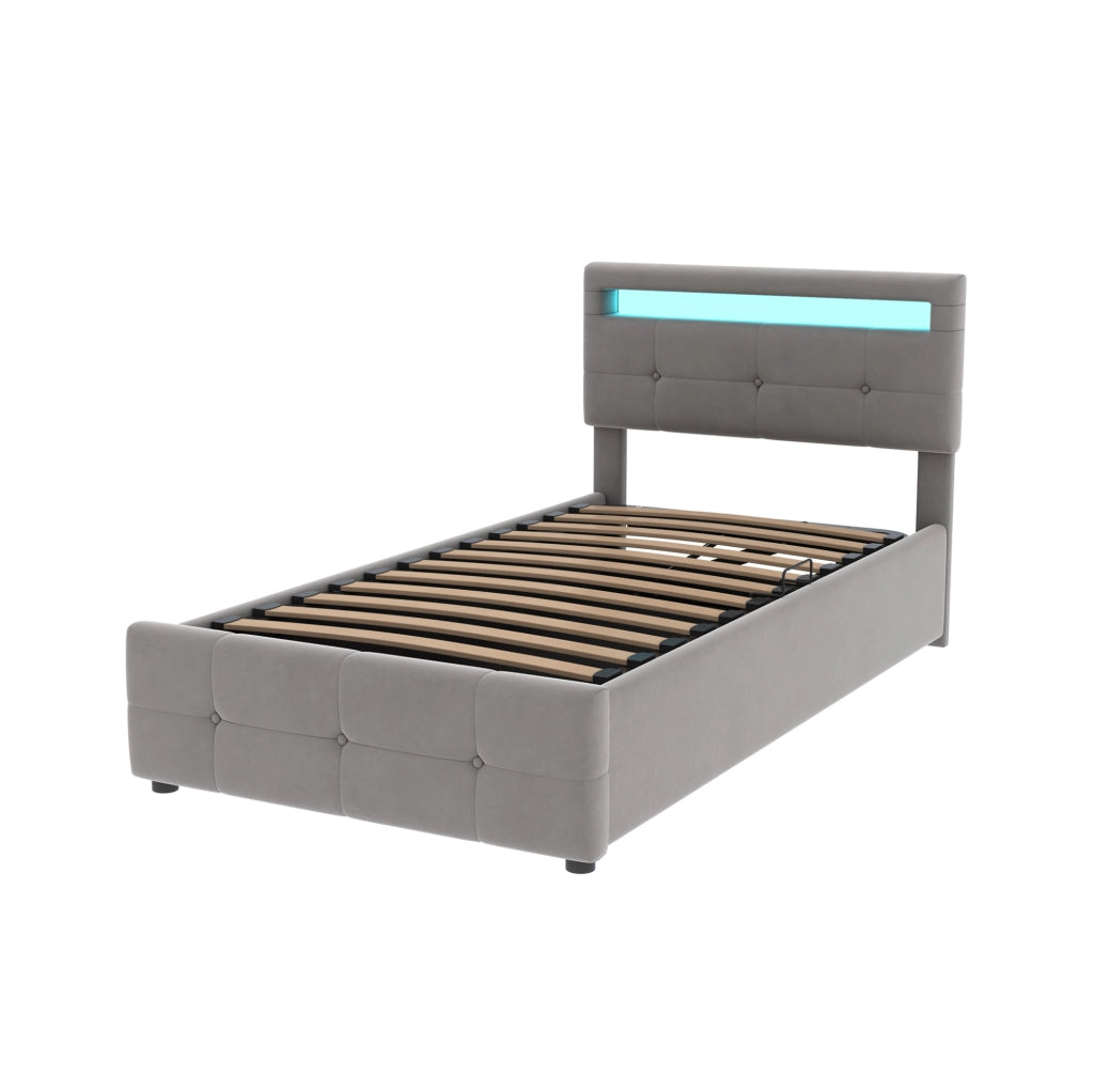 Letto imbottito 90x200 cm con LED, contenitore idraulico e velluto grigio