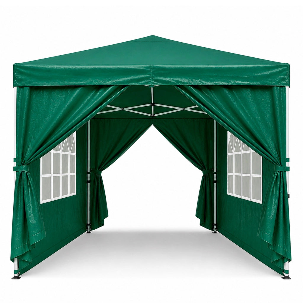 Gazebo Pieghevole Per Giardino Con Teli Laterali Finestre Trasparenti Chiusura Pop Up Copertura Impermeabile UV50+ Telaio In Acciaio Per Eventi Outdoor 3 x 3 x 2.59 m Verde