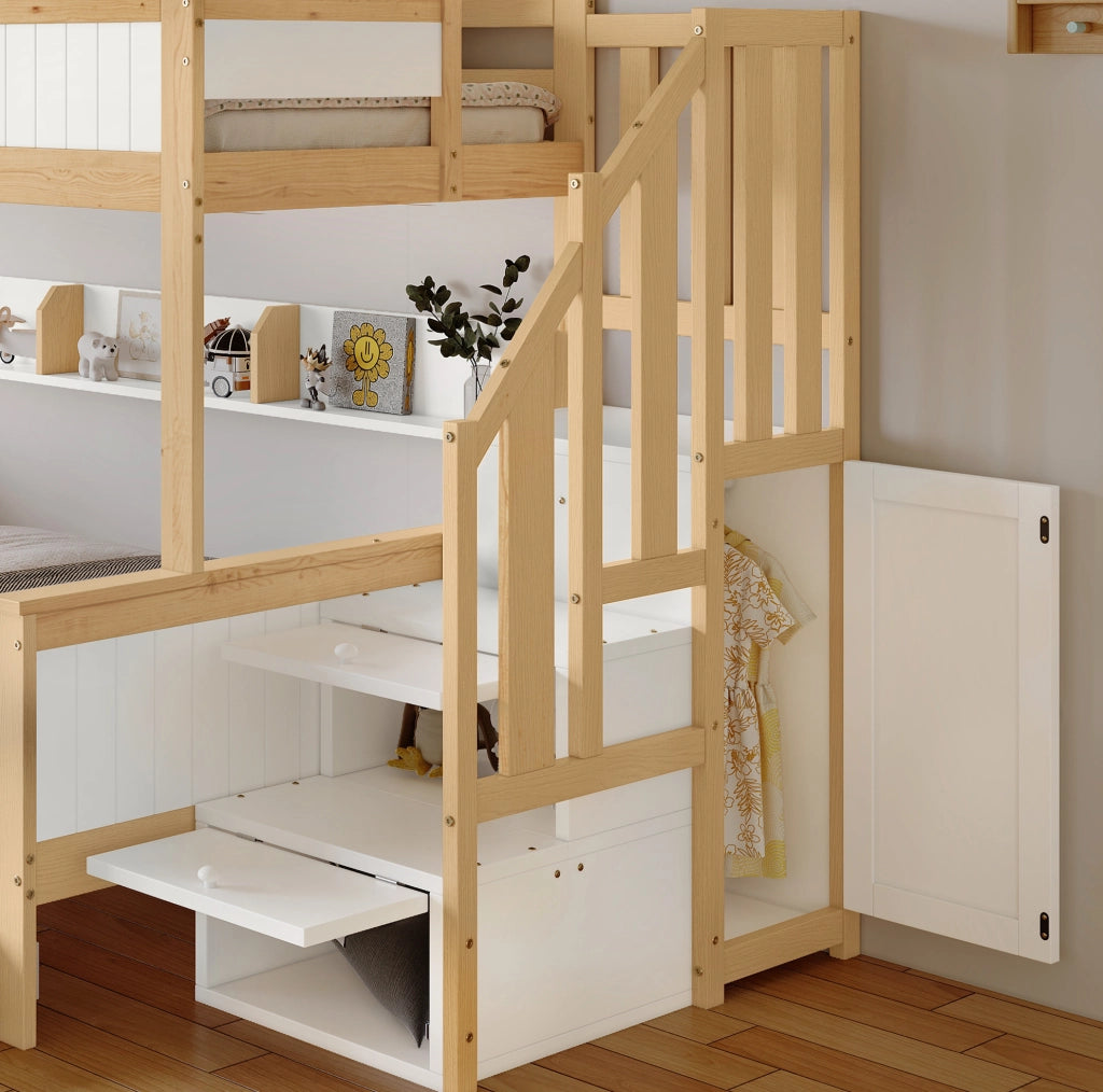 Letto a castello per bambini 3 posti con letto estraibile, armadio e scala contenitore