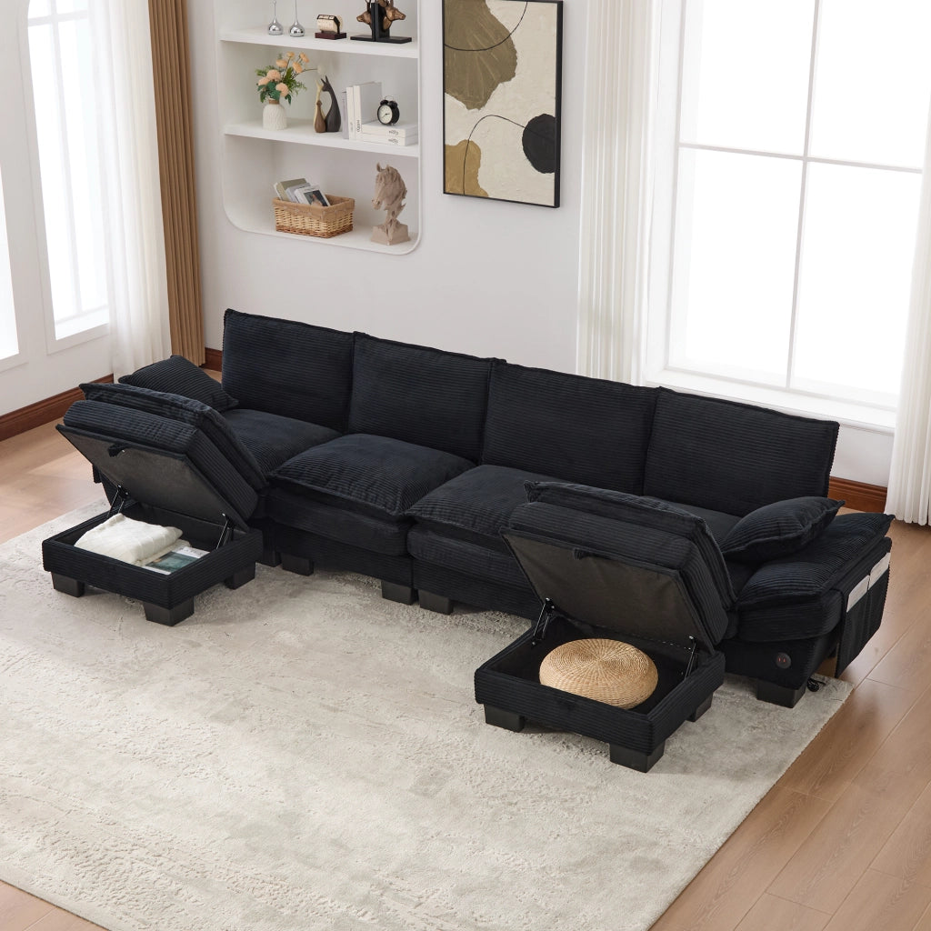 Divano modulare 4 posti in tessuto corduroy con cuscini spessi, porta USB-C e tasche laterali nero 330 × 132 × 84 cm