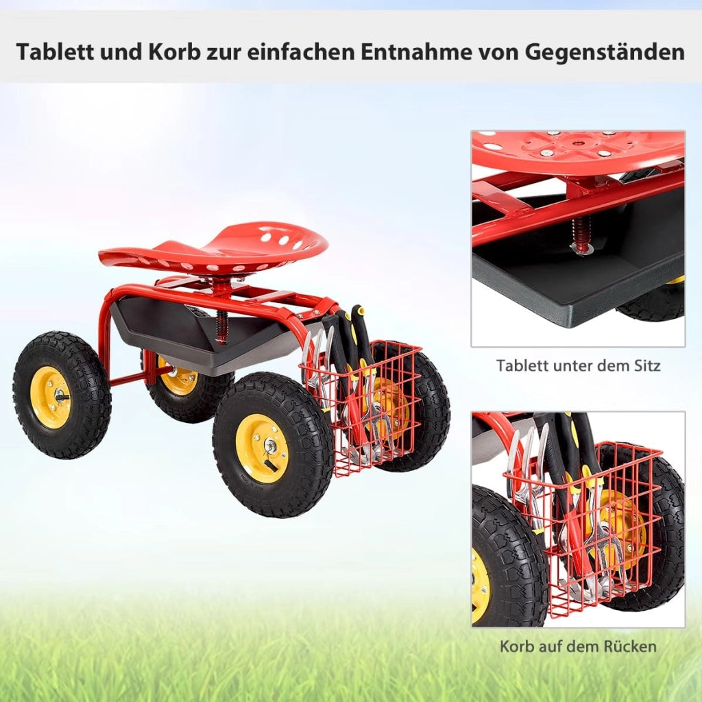 Sedia a rotelle per giardinaggio, girevole a 360° e regolabile in altezza da 46 a 53 cm, con cestino e ripiano, portata 150 kg, per giardinaggio e cura dell'auto (rosso)