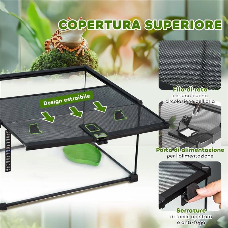 TERRARIO PER RETTILI RIALZATO CON SERRATURA E TERMOMETRO IN VETRO E RETE METALLICA 50X30X25 CM NERO