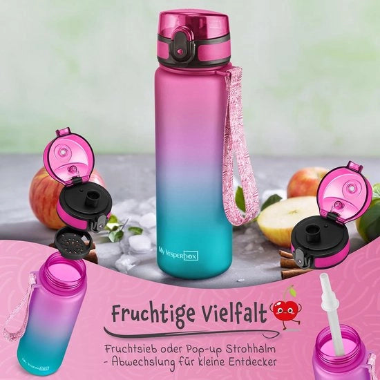 Bottiglia per bambini, senza lattosio, con cannuccia o setaccio, 350 ml, 500 ml, 750 ml, bottiglia di acqua Tritan leggera, BPA-free, per asilo nido, scuola (viola-blu, 500 ml)