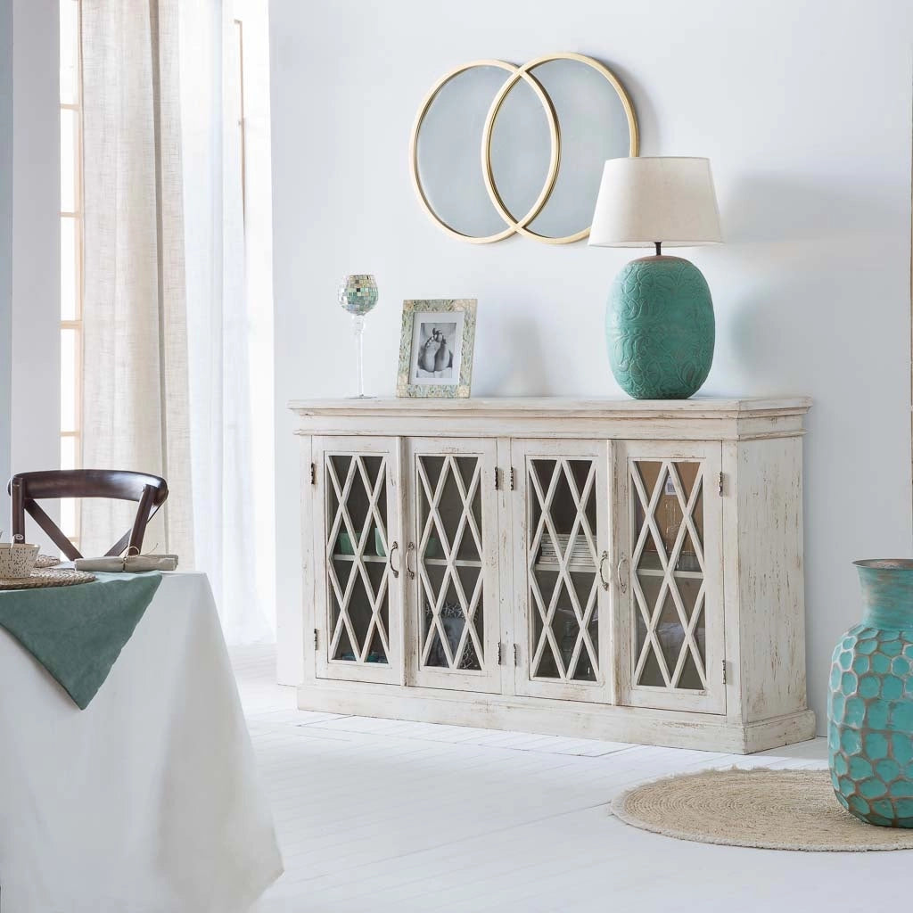 Credenza in legno e vetro artigianale bianco 170x40x100