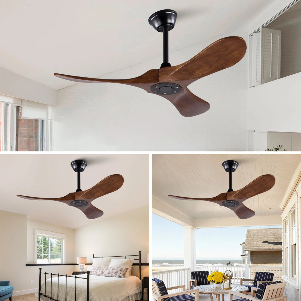 Ventilatore da soffitto con 3 pale in legno, motore dc silenzioso, telecomando, nero e noce scuro
