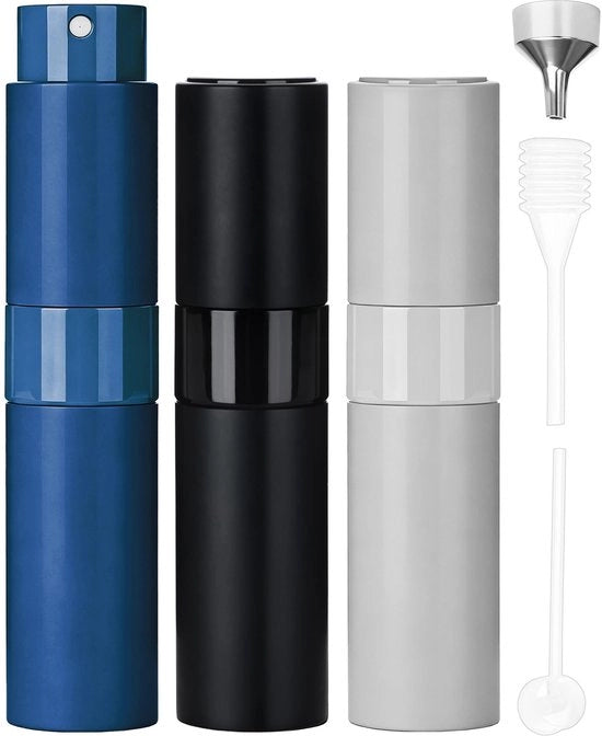 Set di spruzzatori per profumo riempiibili 8ml (3 pezzi) - Flacone di spray per profumo con flacone interno in vetro - Spruzzatore riempiibile senza liquido per viaggio per profumo e aftershave - Nero, Blu e Argento