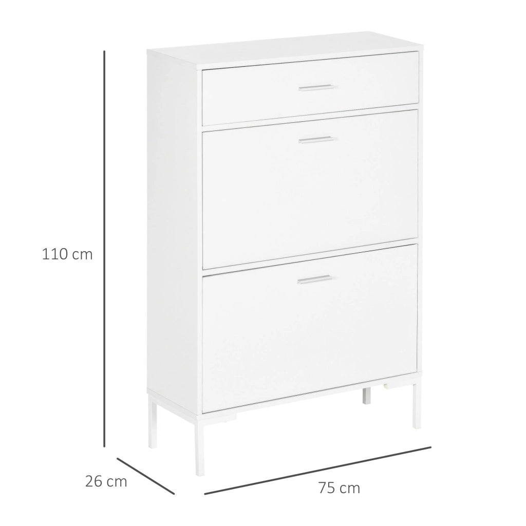 Scarpiera 12 Paia di Scarpe 76x26x110 cm 2 Ante a Ribalta e Cassetto in MDF e Metallo Bianco