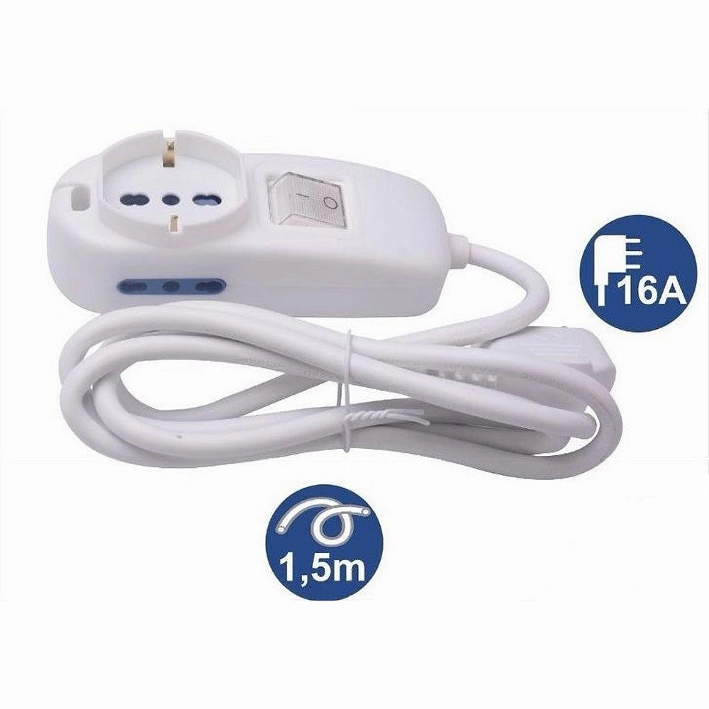 Trade Shop - Multipresa 1 Uscite Universali + 2 Bipasso 10/16a Spina 16a Cavo 1.5 Mt 80331n -