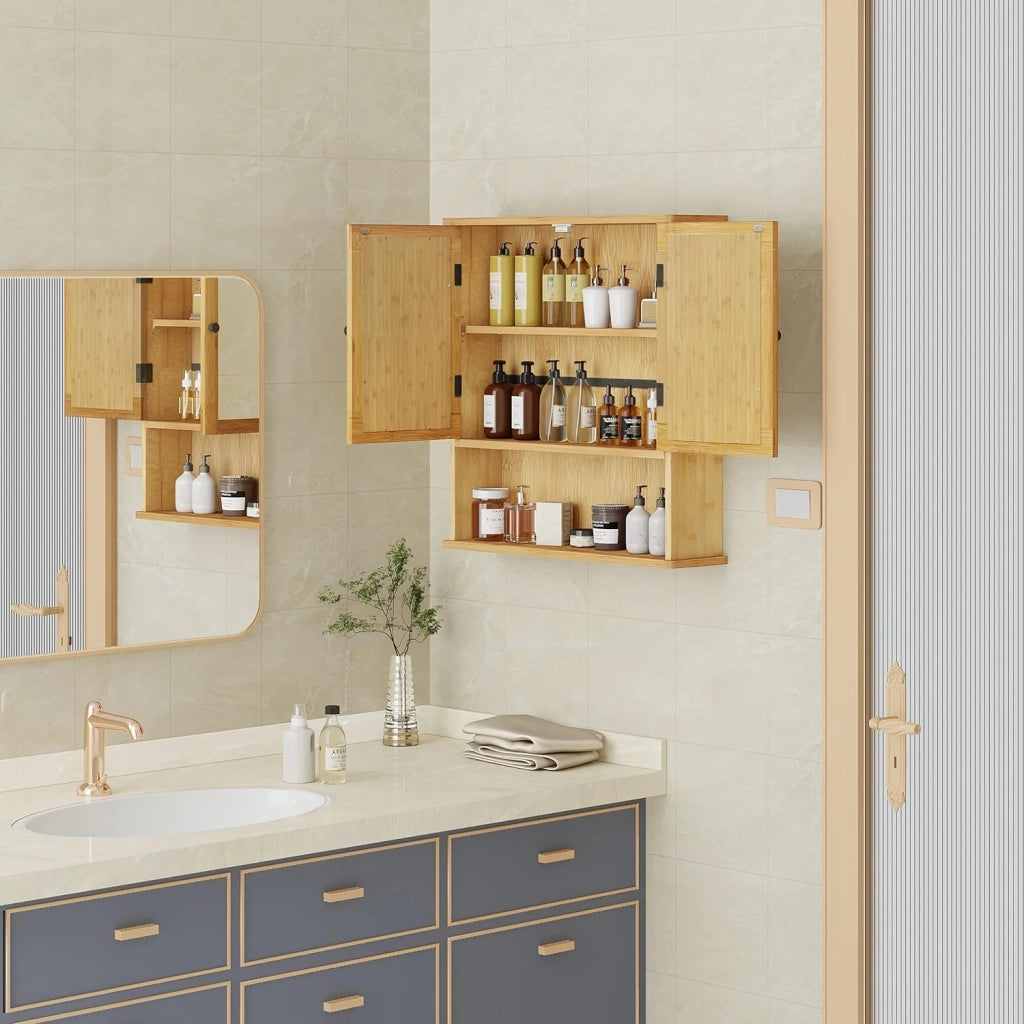 Set di mobili da bagno con armadietto a specchio, per bagno, in bambù, modello 12