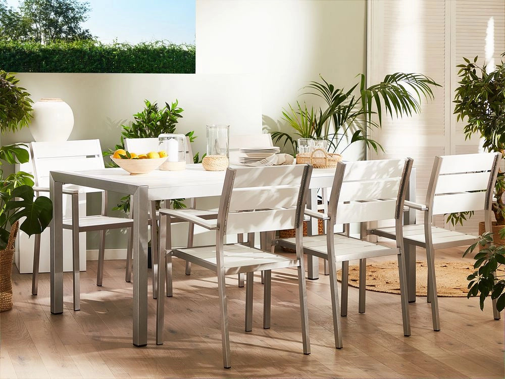 Set da Giardino 6 Sedie Tavolo Rettangolare Bianco in Legno e Alluminio Anodizzato