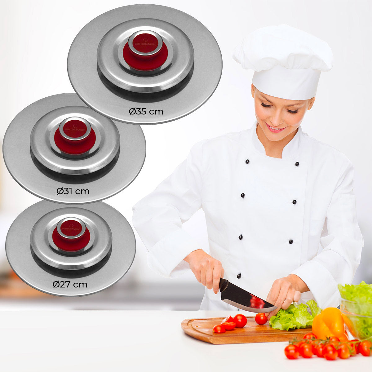 Kit 3 Coperchi Magici Antiodore Ventur Magic Ø27, Ø31, Ø35 cm Cooker in Acciaio Inox Pomello Rosso