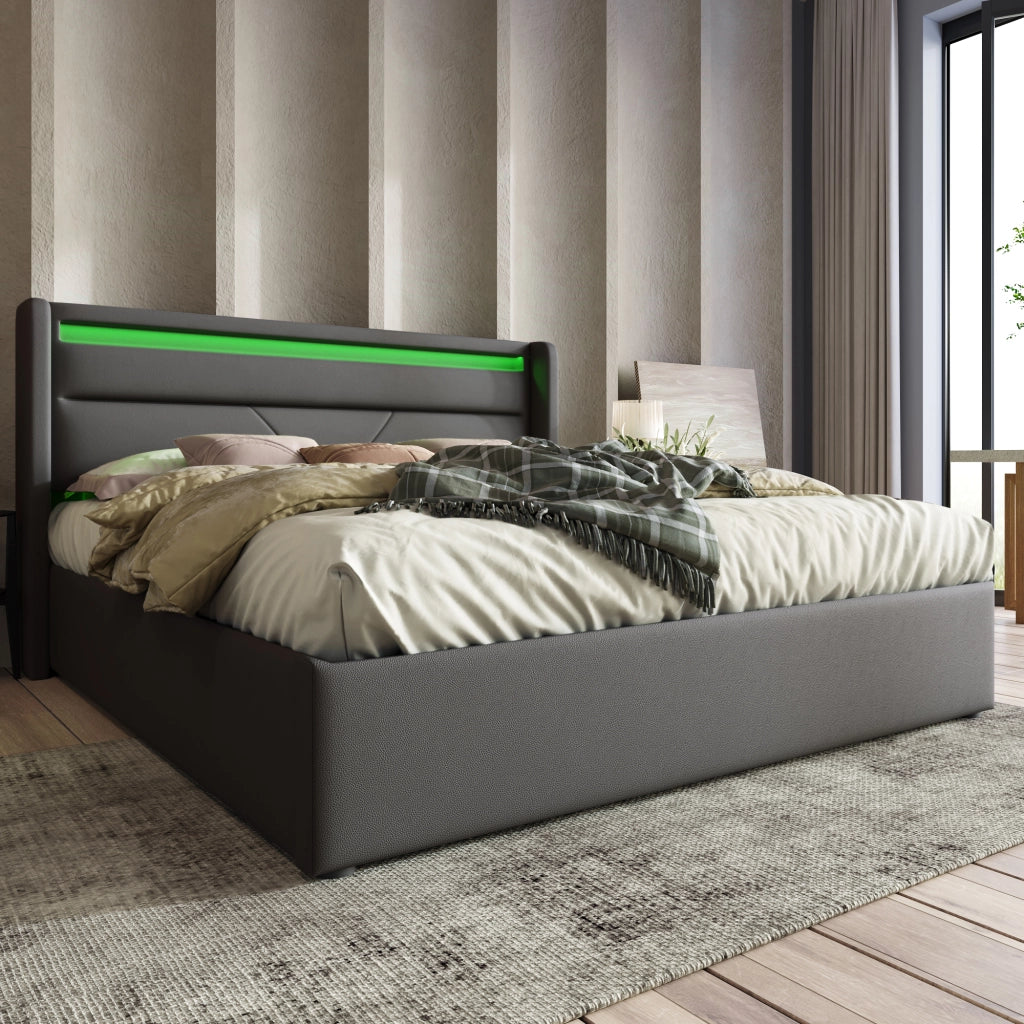 Letti contenitori 160x200 cm; con testiera LED e apertura idraulica; PU; grigio (Senza materasso)