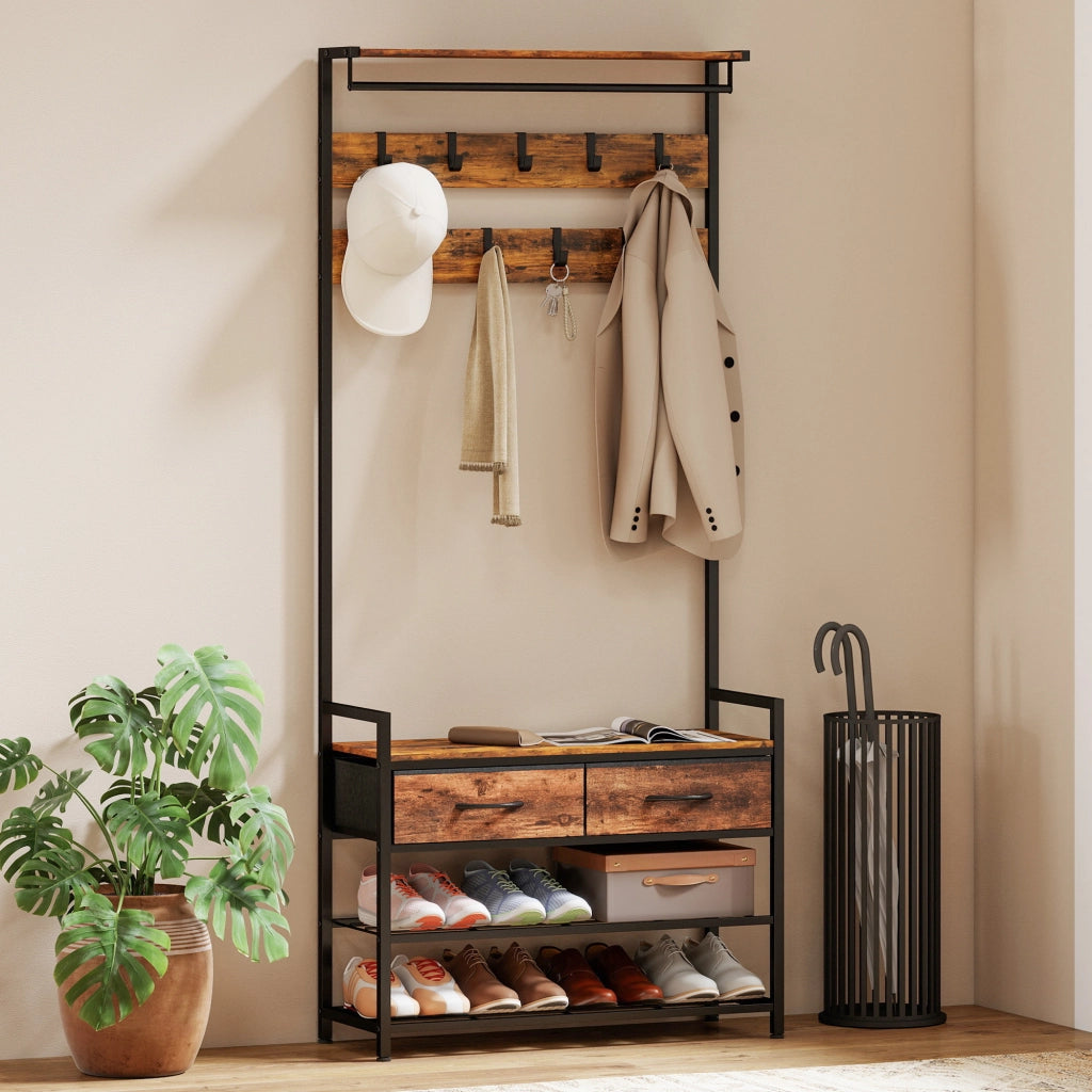 Appendiabiti con panca e scaffale per scarpe ¨C Minimal ¨C Marrone, metallo, 80x40x180 cm
