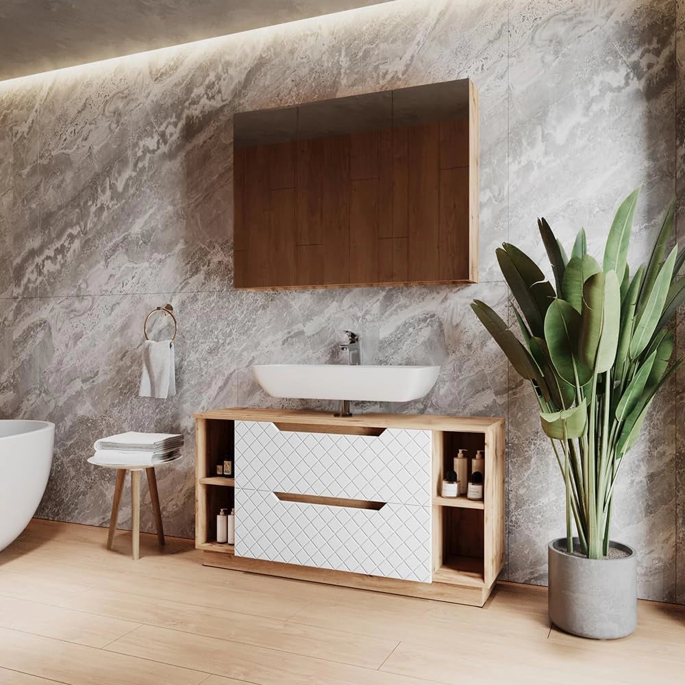 Set di mobili da bagno Lotta, Rovere/bianco con struttura in piastrelle, 2 parti