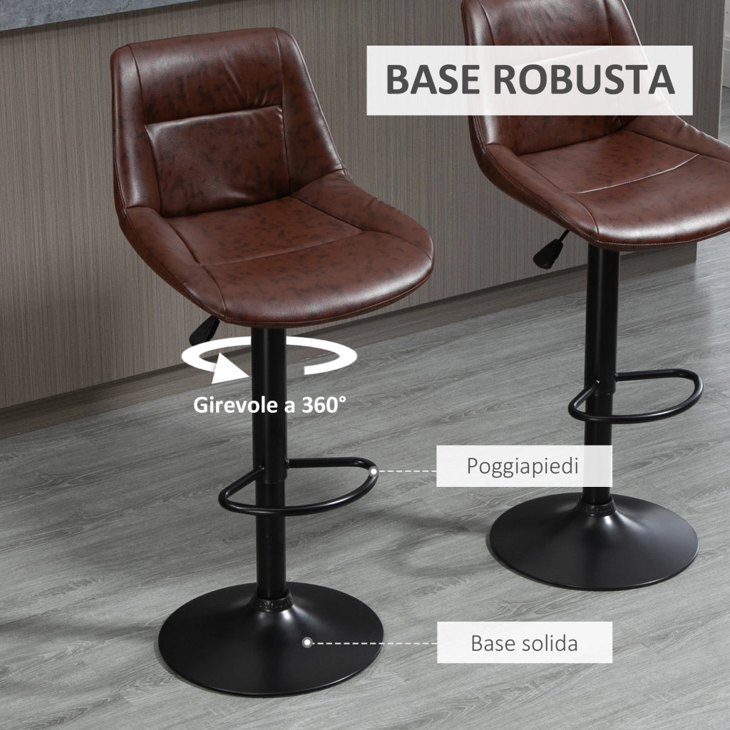 Set 2 Sgabelli da Bar Vintage 46,5x50x88-108 cm Seduta in Finta Pelle Marrone