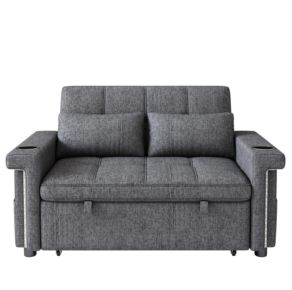 Divano letto 2 posti con LED; USB e Type-C; schienale regolabile; ciniglia grigio