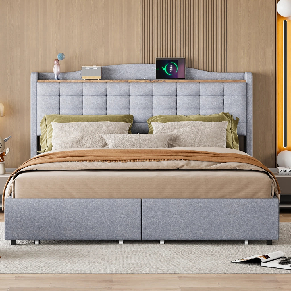 Letto Contenitore Letto Matrimoniale 160x200 cm; USB; Mensola e 4 Cassetti; Grigio