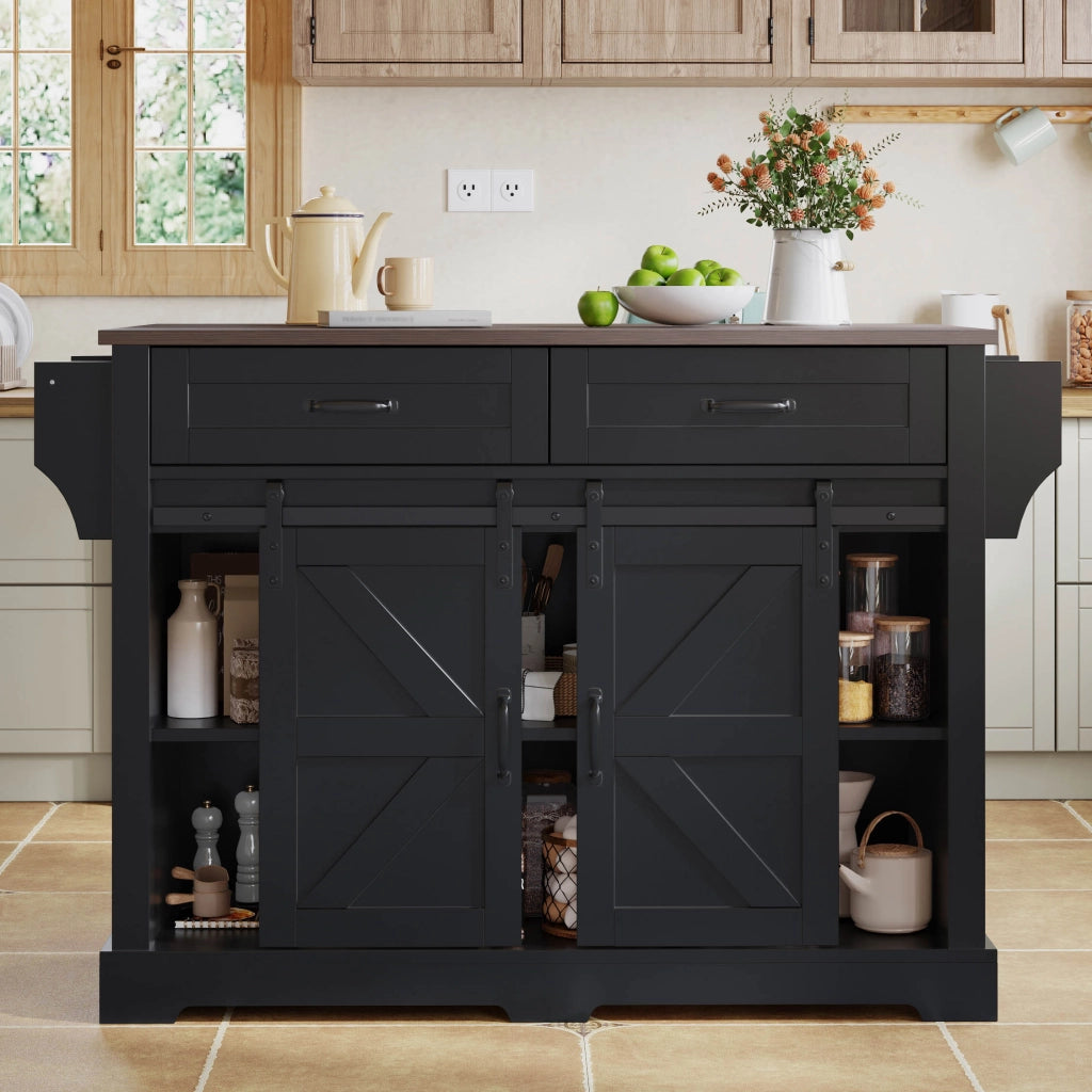 Carrello da cucina con piano ribaltabile, 2 ante scorrevoli e 2 cassetti, stile fienile, in MDF, nero, 120 × 45(70) × 91 cm
