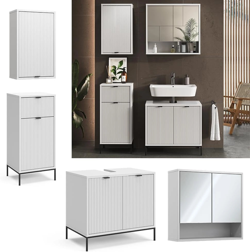 Set di mobili da bagno Eliza, Bianco, 70 cm, composto da mobile sottolavabo, specchiera, armadio medio e pensile