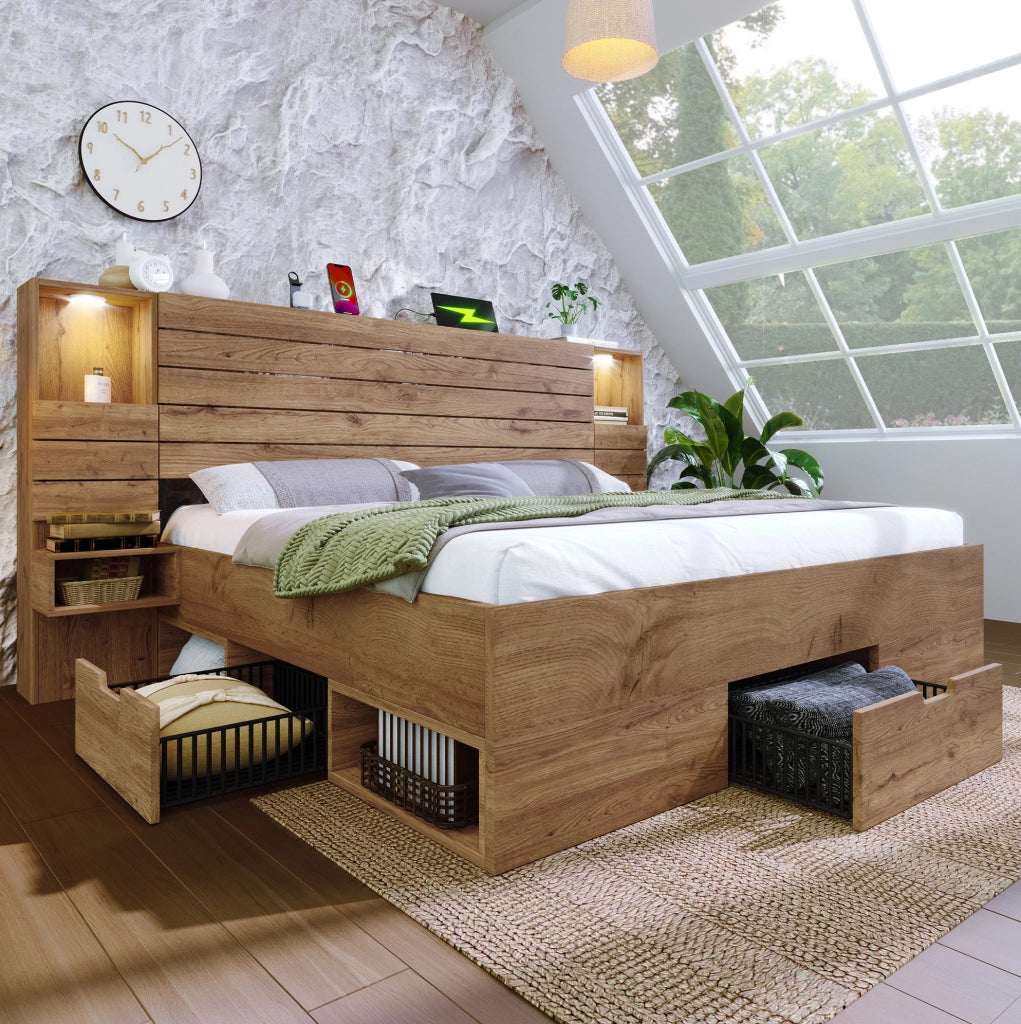 Letto matrimoniale 180x200 cm con LED; porte USB e Type-C; contenitore; effetto rovere