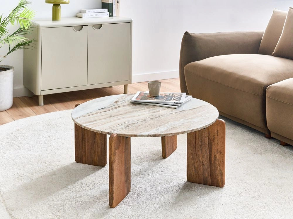 Tavolino con piano in marmo beige e gambe in legno di mango 80 cm stile moderno rotondo soggiorno