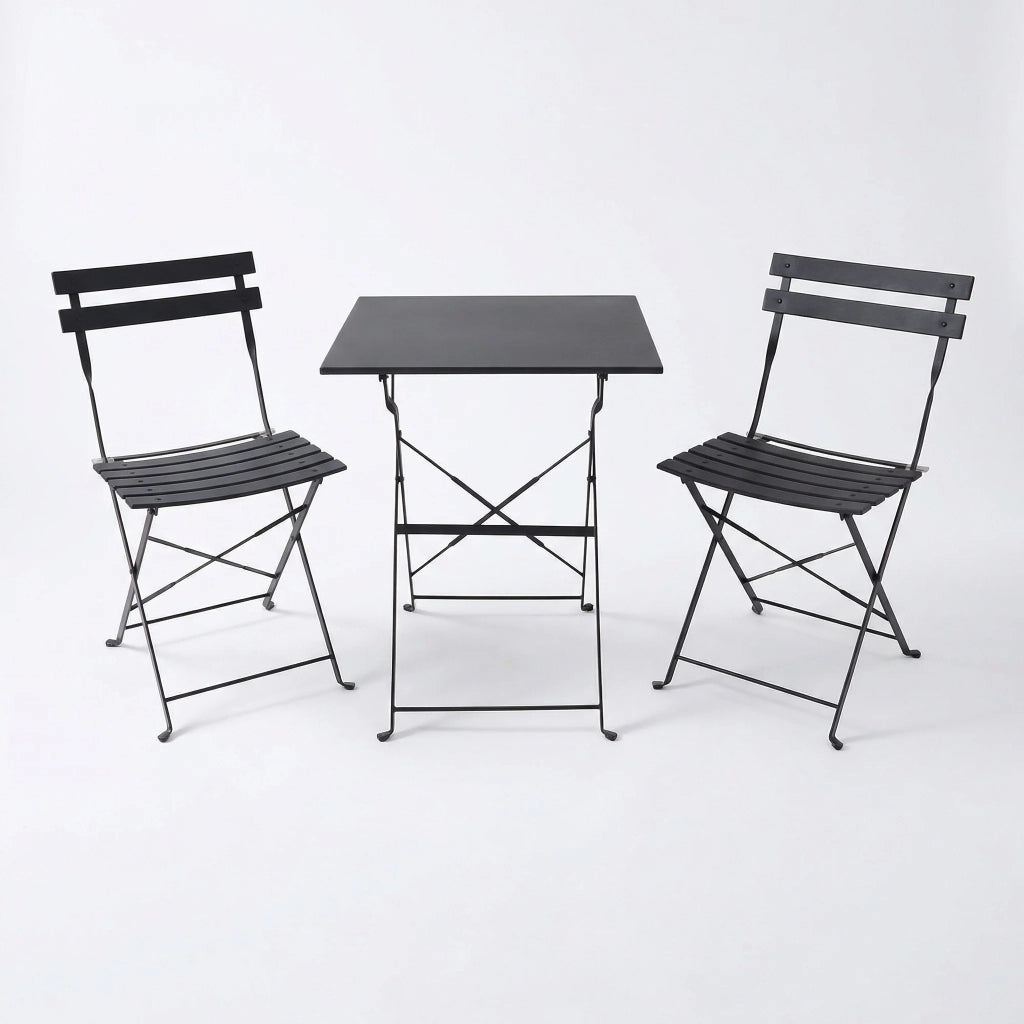Set tavolo e sedie pieghevoli Niro, 2 sedie + tavolo in ferro da esterno (40x44x78 / 55x55x70 cm)