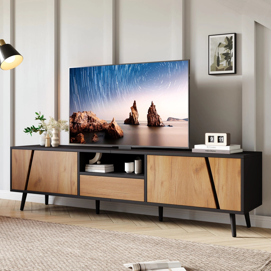 OKWISH Mobile TV con 2 Ante, 1 Cassetto e 1 Vano Aperto, per Soggiorno, 180 x 40 x 46 cm, Nero e Naturale