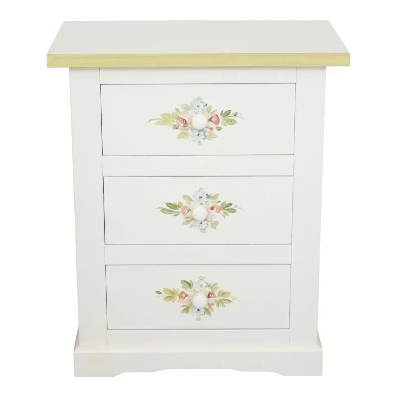 Comodino 3 cassetti legno shabby bianco decori filo verde 60x35x64 - Mobili 2G